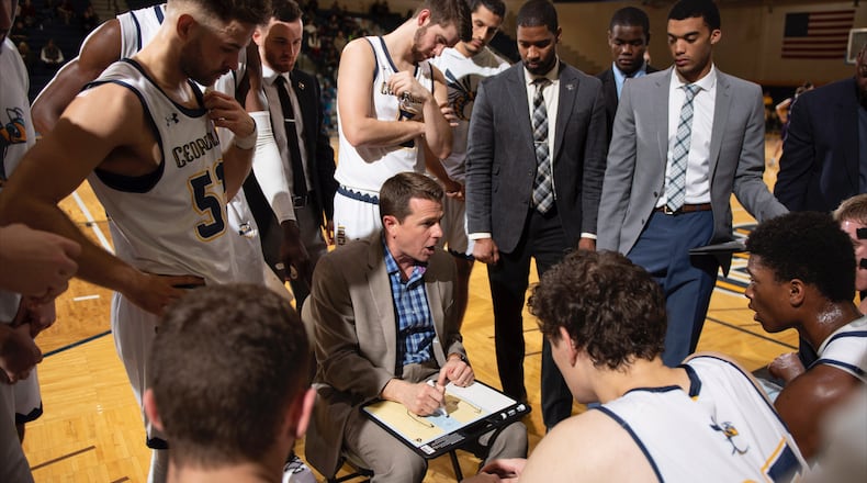 Cedarville coach Pat Estepp during a GMAC conference win by the Yellow Jackets over visiting Kentucky Wesleyan 76-59. (Photo courtesy Cedarville Athletics)