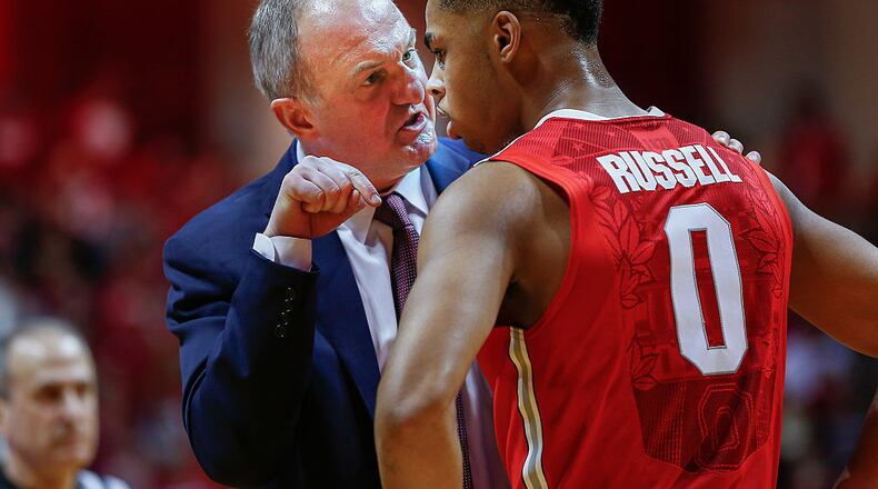 BLOOMINGTON, IN - JANUARY 10: Head coach Thad Matta of the Ohio State Buckeyes talks to D'Angelo Russell #0 of the Ohio State Buckeyes during the game against the Indiana Hoosiers at Assembly Hall on January 10, 2015 in Bloomington, Indiana. Indiana defeated Ohio State 69-66. (Photo by Michael Hickey/Getty Images)
