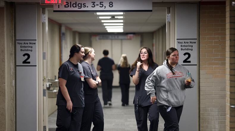 The hallways were busy at Sinclair Community College Monday, Aug. 26, 2024 on the first day of classes. More than 15,500 students are enrolled for fall semester. MARSHALL GORBY\STAFF