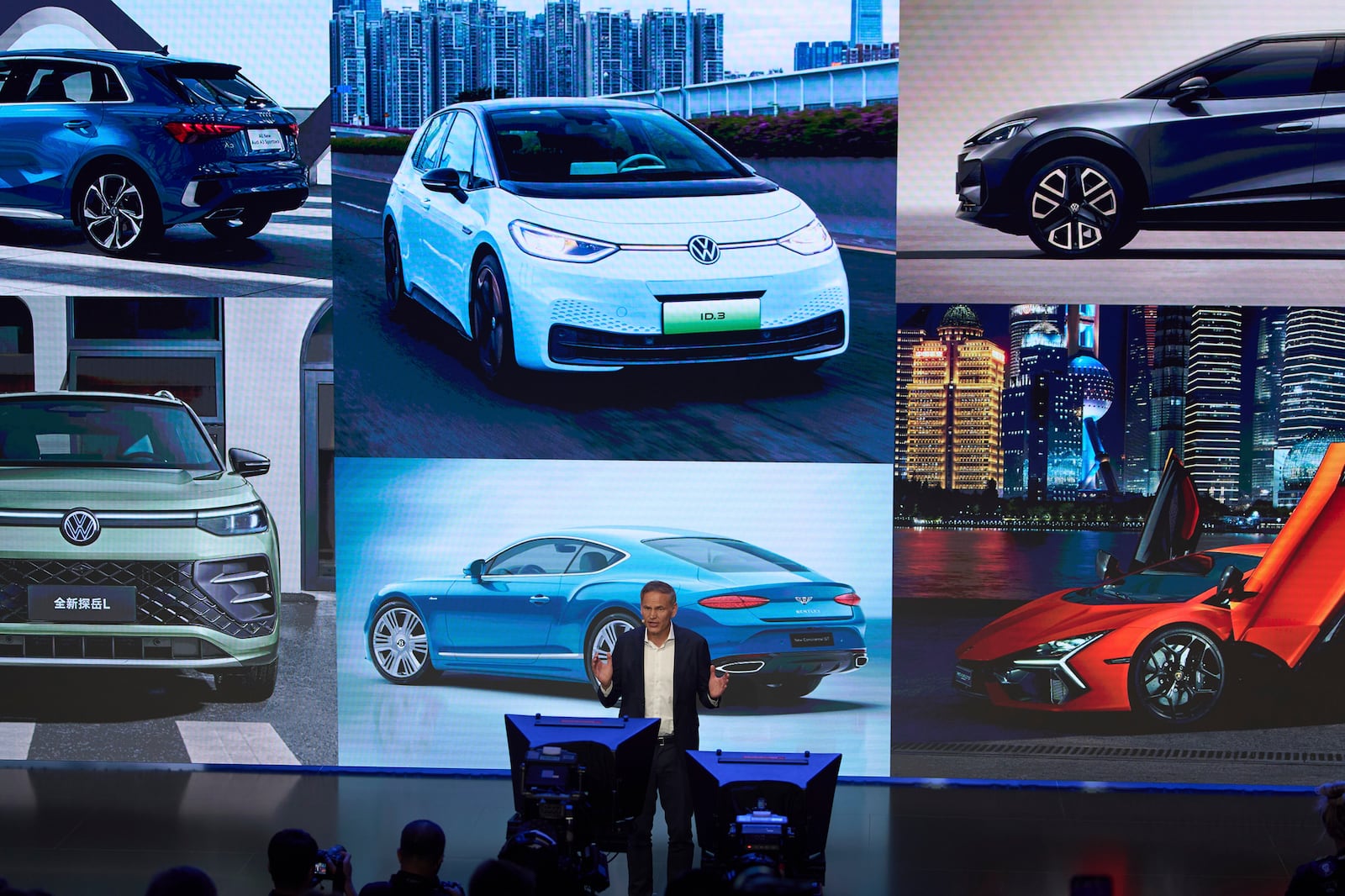 Olive Blume, Chairman of the Board of Management of Volkswagen Group speaks during a media night ahead of the Auto Show in Shanghai, Tuesday, April 22, 2025. (AP Photo/Ng Han Guan)