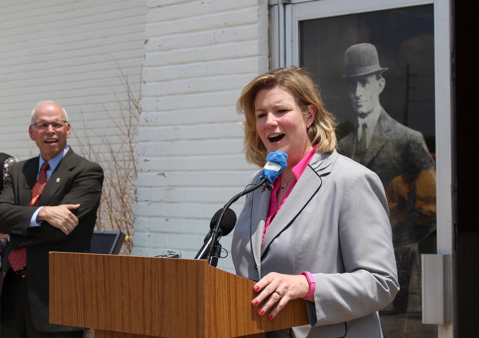 Dayton Mayor Nan Whaley and Dayton Metro Library Tim Kambitsch spoke on Monday outside the Wright Co. airplane factory about the impact of the new west Dayton library. CORNELIUS FROLIK / STAFF