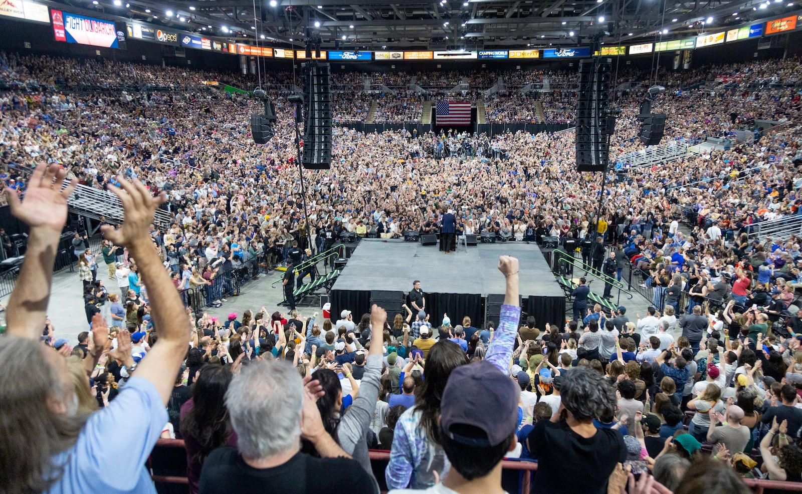 Sen. Bernie Sanders, I-Vt., speaks during his "Fighting Oligarchy" event at the Ford Idaho Center in Nampa, Idaho, Monday, April 14, 2025. (AP Photo/Kyle Green)