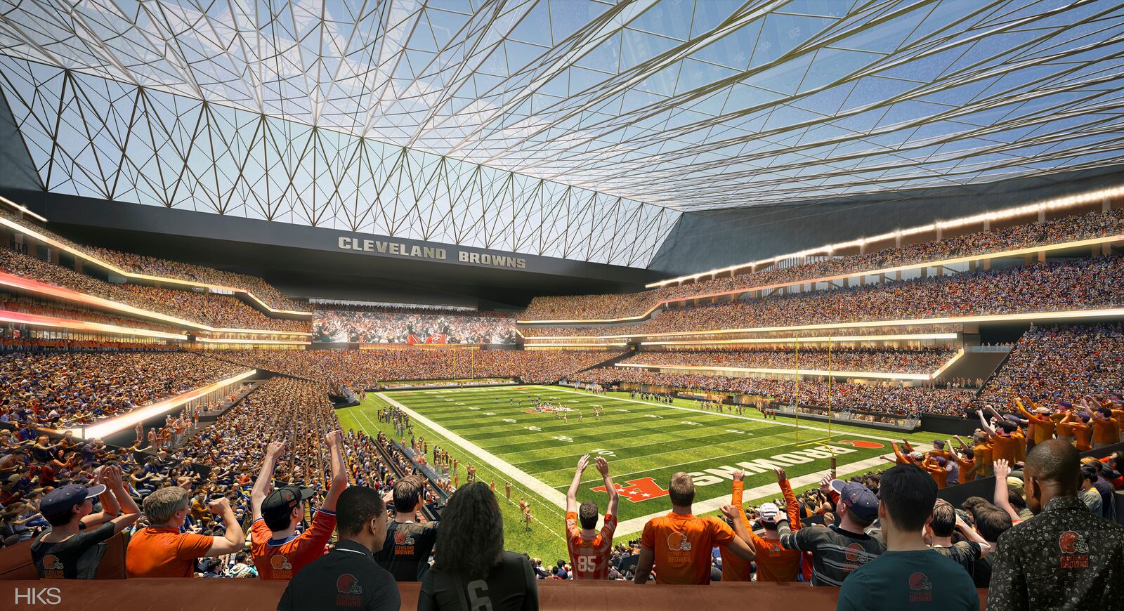This artists rendering provided by HKS shows a proposed domed stadium for the Cleveland Browns. (HKS/Cleveland Browns via AP)
