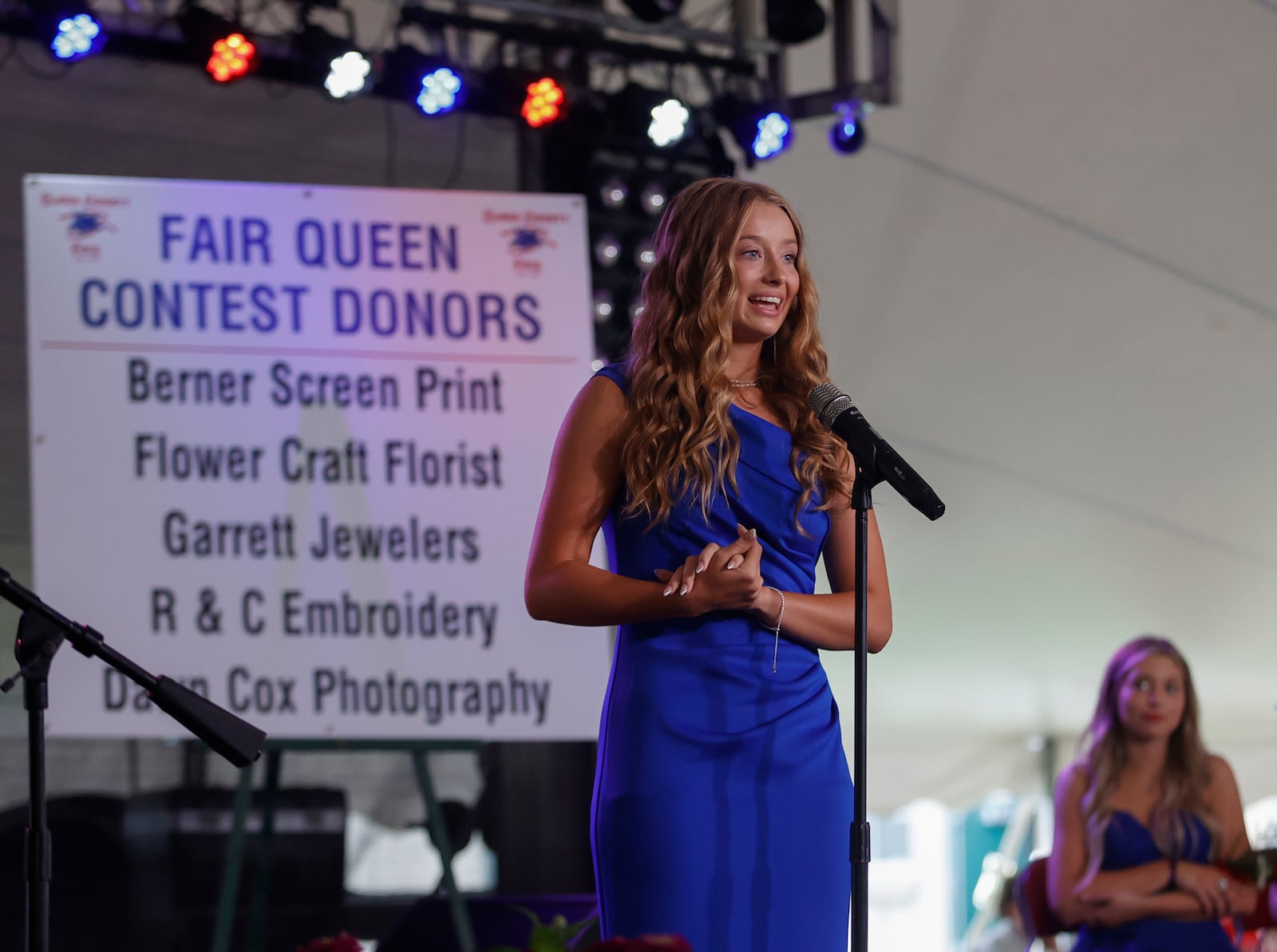 Kylie Corbitt speaks to an audience during the Clark County Fair Queen's Contest on Friday, July 18, 2025, at the Clark County Fairgrounds. She won first place in the competition. JOSEPH COOKE/STAFF