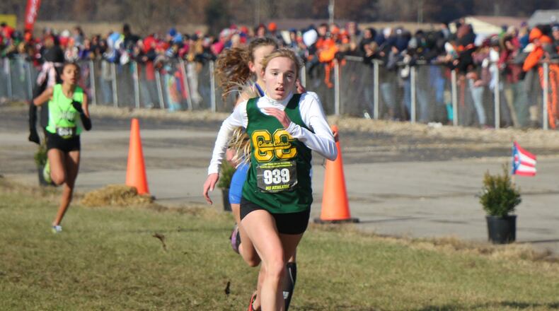 Catholic Central’s Addie Engel placed eighth Saturday in the Division III girls state cross country championships at National Trail Raceway in Hebron. Greg Billing/CONTRIBUTED
