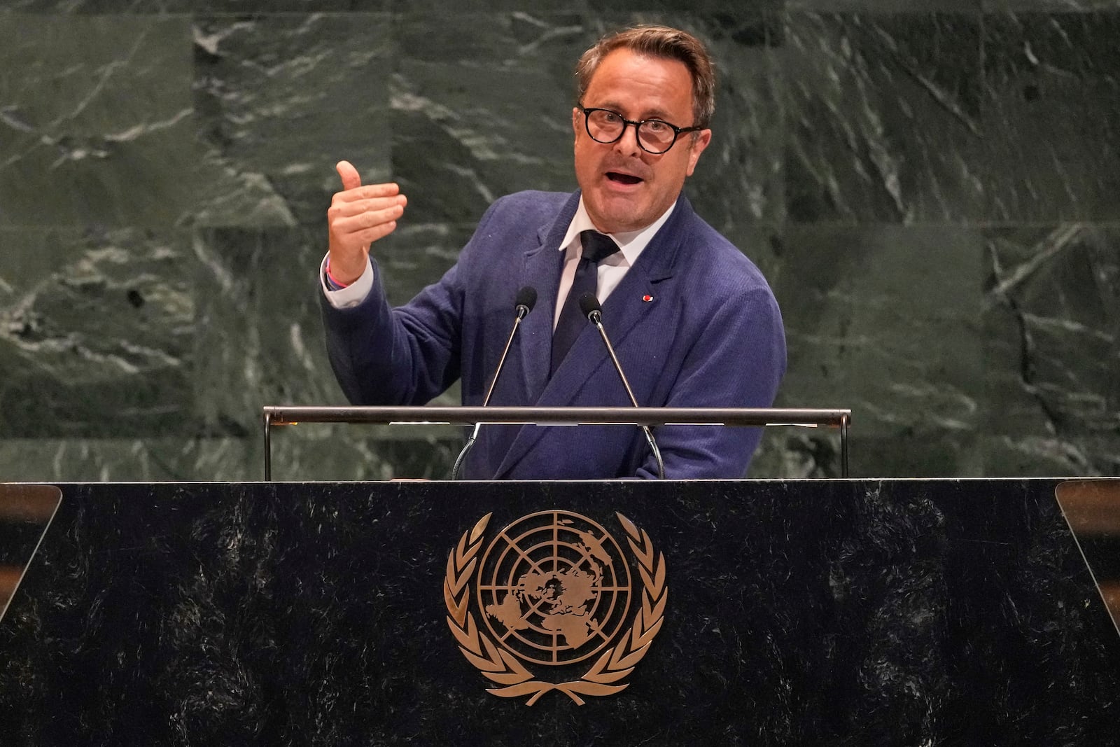 Luxembourg Deputy Prime Minister and Foreign Minister Xavier Bettel addresses the United Nations General Assembly, Monday, July 28, 2025. (AP Photo/Richard Drew)