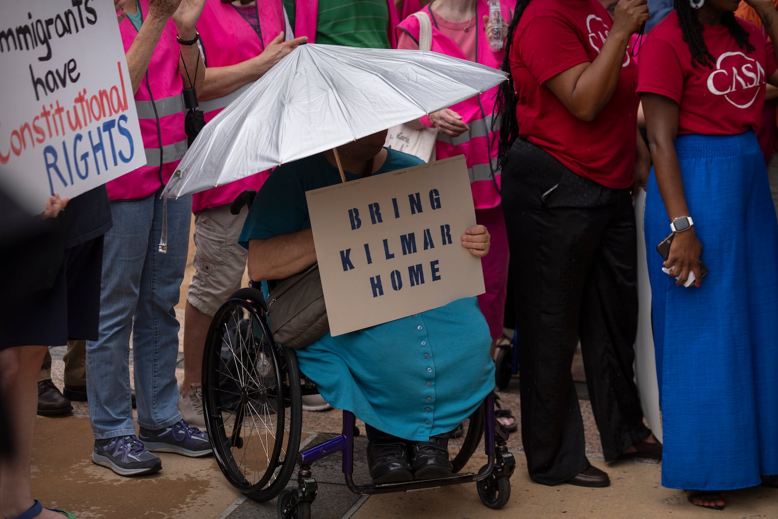 Supporters of Kilmar Abrego Garcia rally outside of the U.S. District Court in Greenbelt, Md., where a hearing was scheduled to be held on returning him to Maryland, Monday, July 7, 2025. (AP Photo/Mark Schiefelbein)