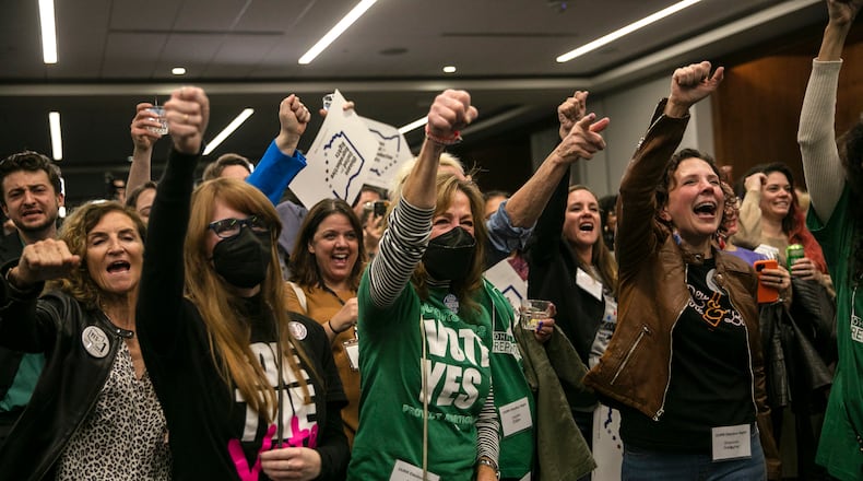 Supporters of Issue 1, a ballot measure enshrining a right to abortion in Ohio’s state Constitution, reacting as its passage is announced at an election watch party in Columbus, on Nov. 7, 2023. Ohio voters resoundingly approved the ballot measure..(Maddie McGarvey/The New York Times)