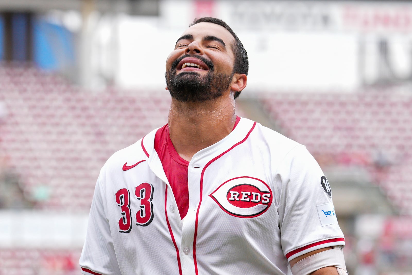 Cincinnati Reds' Christian Encarnacion-Strand reacts after hitting a game-winning RBI double during the tenth inning of a baseball game against the Arizona Diamondbacks that was suspended Friday because of rain and resumed, Saturday, June 7, 2025, in Cincinnati. (AP Photo/Jeff Dean)