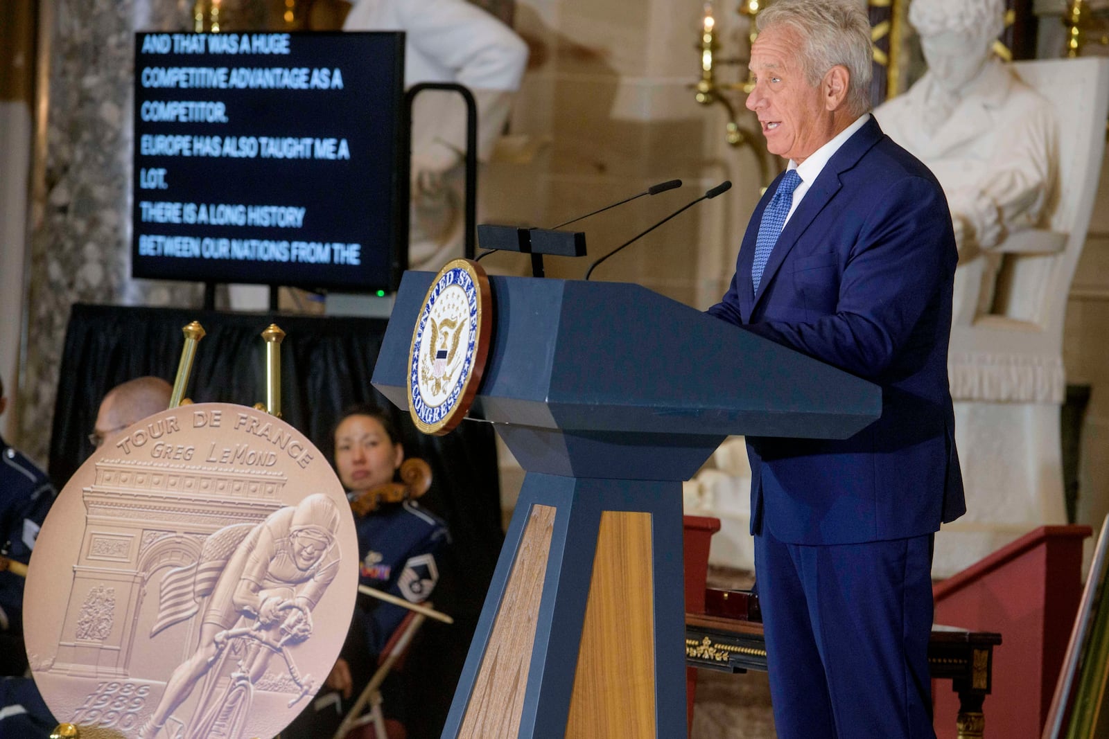 Three-time Tour de France winner Greg LeMond speaks after being presented with the Congressional Gold Medal during a ceremony at the Capitol, Wednesday, July 9, 2025, in Washington. (AP Photo/Rod Lamkey, Jr.)