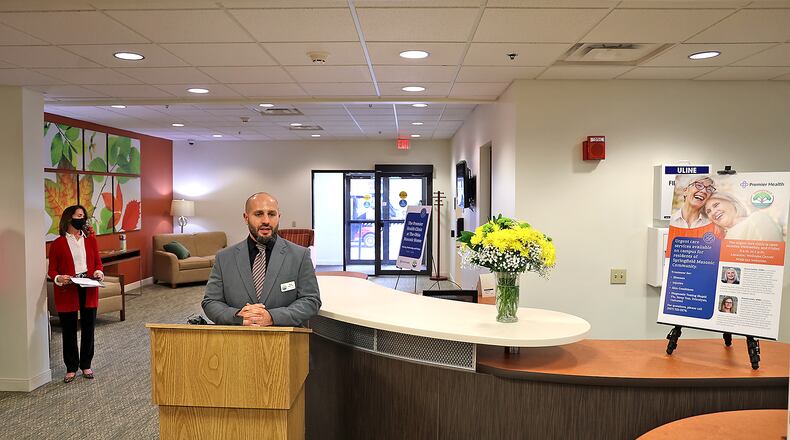 Tony Berardi, President of Springfield Masonic Community, speaks during a ribbon cutting ceremony to officially open the new Premier Health Clinic on the Masonic Community campus Monday, April 4, 2022. BILL LACKEY/STAFF
