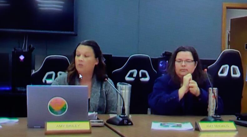 Yellow Springs school board members Amy Bailey (left) and Amy Magnus (right). Image from school board meeting Youtube stream.