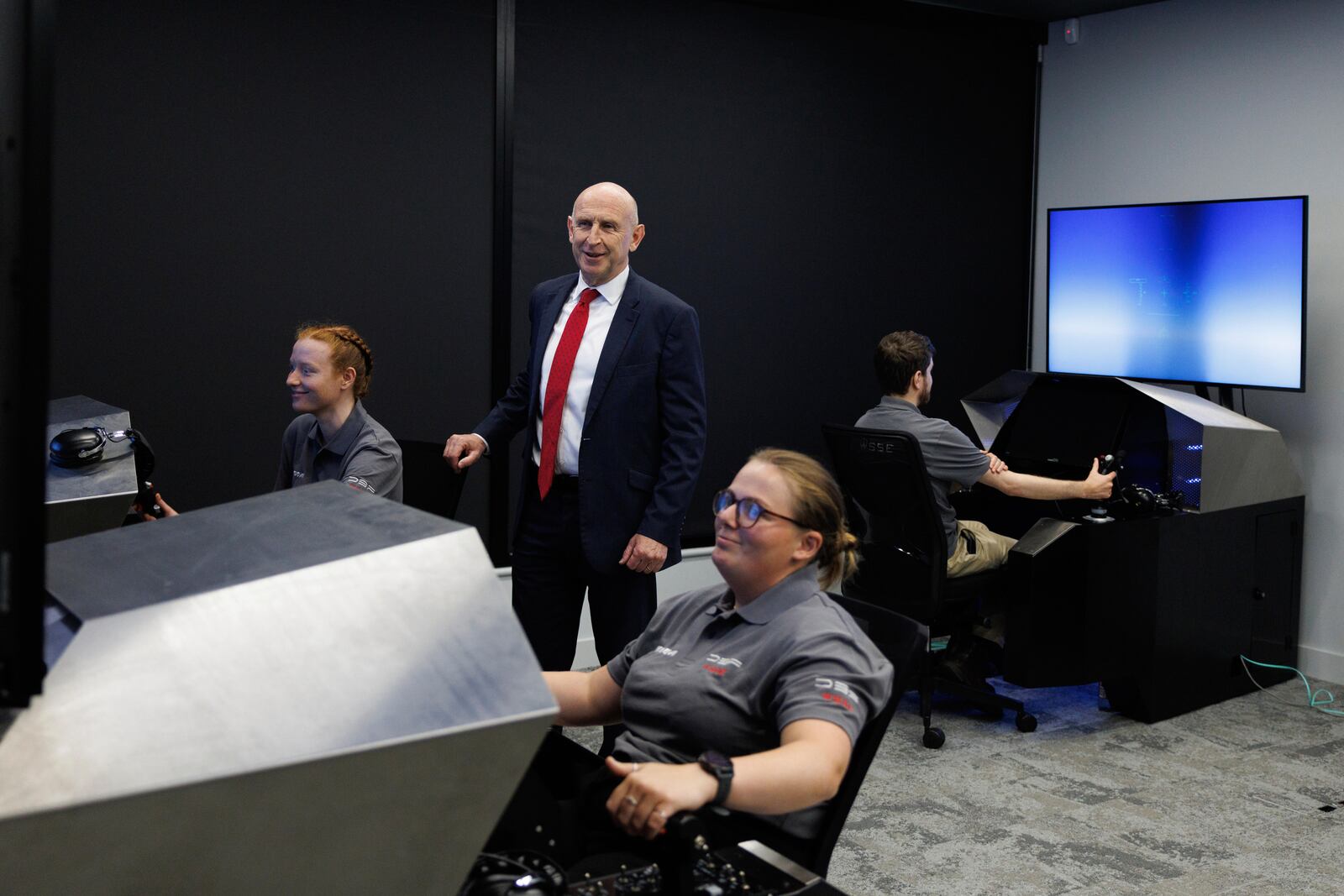 Britain's Defence Secretary John Healey is shown an air to air combat simulation during a visit to the MDBA Storm Shadow factory in Stevenage, England, Saturday May 31, 2025. (Dan Kitwood/Pool via AP)