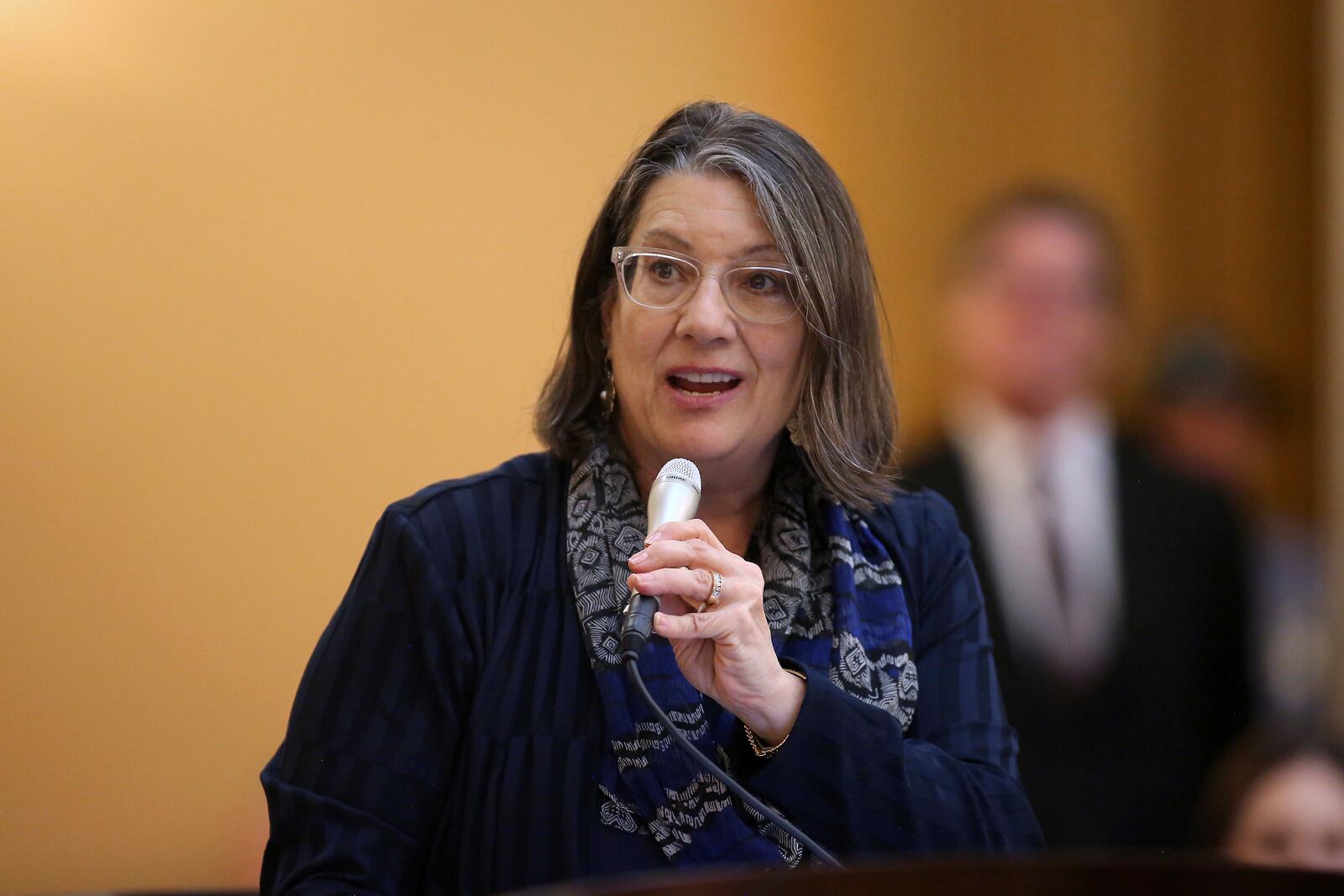 Nickie Antonio, Ohio Senate Democrat Minority Leader from the 23rd District, speaks with colleagues at the Ohio State House Senate Chambers in Columbus, Ohio, Wednesday, Feb. 28, 2024. (AP Photo/Joe Maiorana)