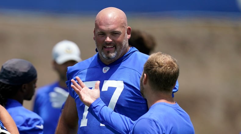 Los Angeles Rams head coach Sean McVay, right, talks with offensive tackle Andrew Whitworth during an NFL football practice Tuesday, June 8, 2021, in Thousand Oaks, Calif. (AP Photo/Mark J. Terrill)