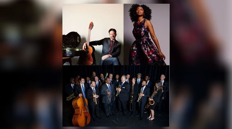 The first Springfield Jazz and Blues Festival on Aug. 19-20 feature a variety of national, regional and local artists including some of the biggest names in jazz such as John Pizzarelli (top left) and Samara Joy (top right), and the area's own Springfield Symphony Jazz Orchestra (bottom). Courtesy photos