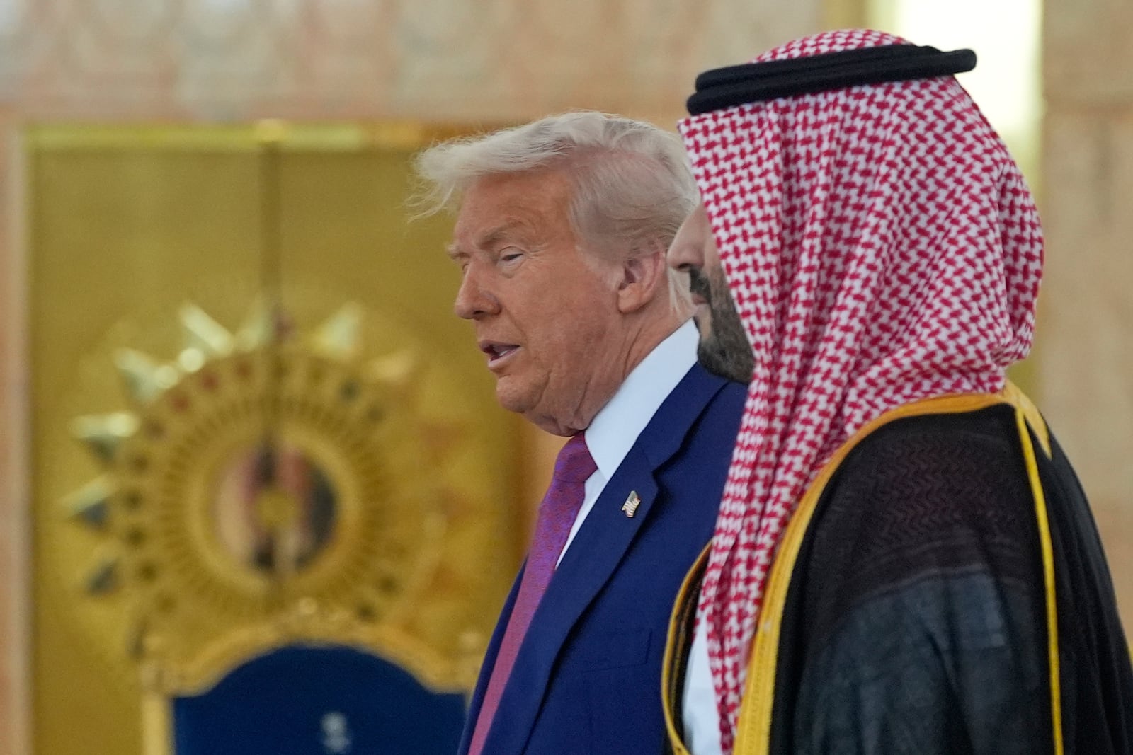 President Donald Trump arrives with Saudi Crown Prince Mohammed bin Salman for a coffee ceremony at the Royal Terminal of King Khalid International Airport in Riyadh, Saudi Arabia, Tuesday, May 13, 2025
