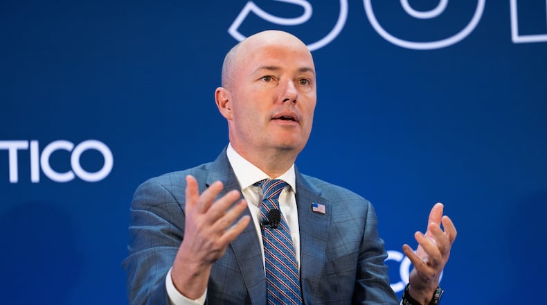Utah Gov. Spencer Cox speaks at an event at the National Governors Association Winter Meeting, Thursday, Feb. 19, 2026, in Washington. (AP Photo/Allison Robbert)
