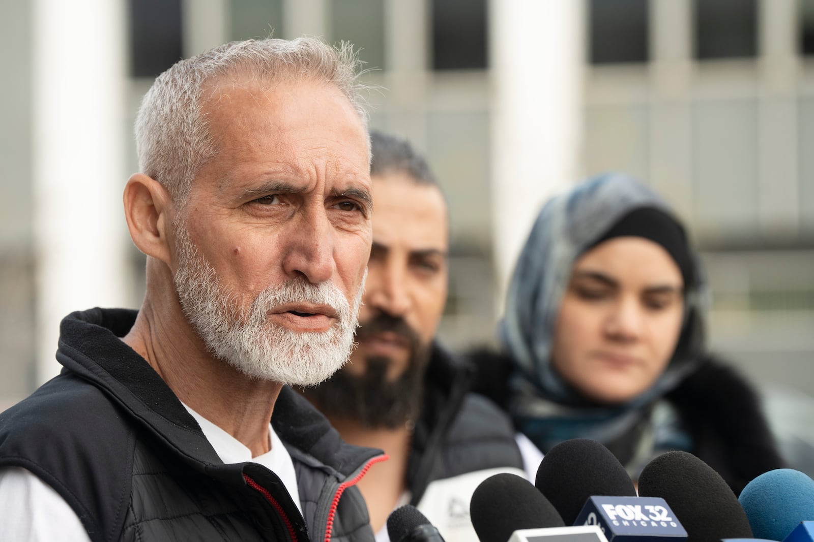 Mahmoud Yousef, grandfather of Wadee Al Fayoumi, who was murdered by Joseph Czuba in 2023, speaks to the media after the sentencing of outside the Will County Courthouse in Joliet, Ill., Friday, May 2, 2025. (Pat Nabong /Chicago Sun-Times via AP)