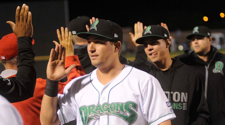 Dragons first baseman James Vasquez had two home runs. The Dragons (Reds) defeated the Great Lakes Loons (Dodgers) 9-1 in a Midwest League Class A minor-league baseball at Dayton’s Fifth Third Field on Thursday, April 27, 2017. MARC PENDLETON / STAFF