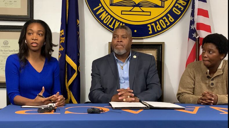 Kayelin Tiggs, Derrick Foward, and Latisha Lashay of the Dayton NAACP at a press conference Tuesday evening talk about menstrual equity in prisons per House Bill 743.