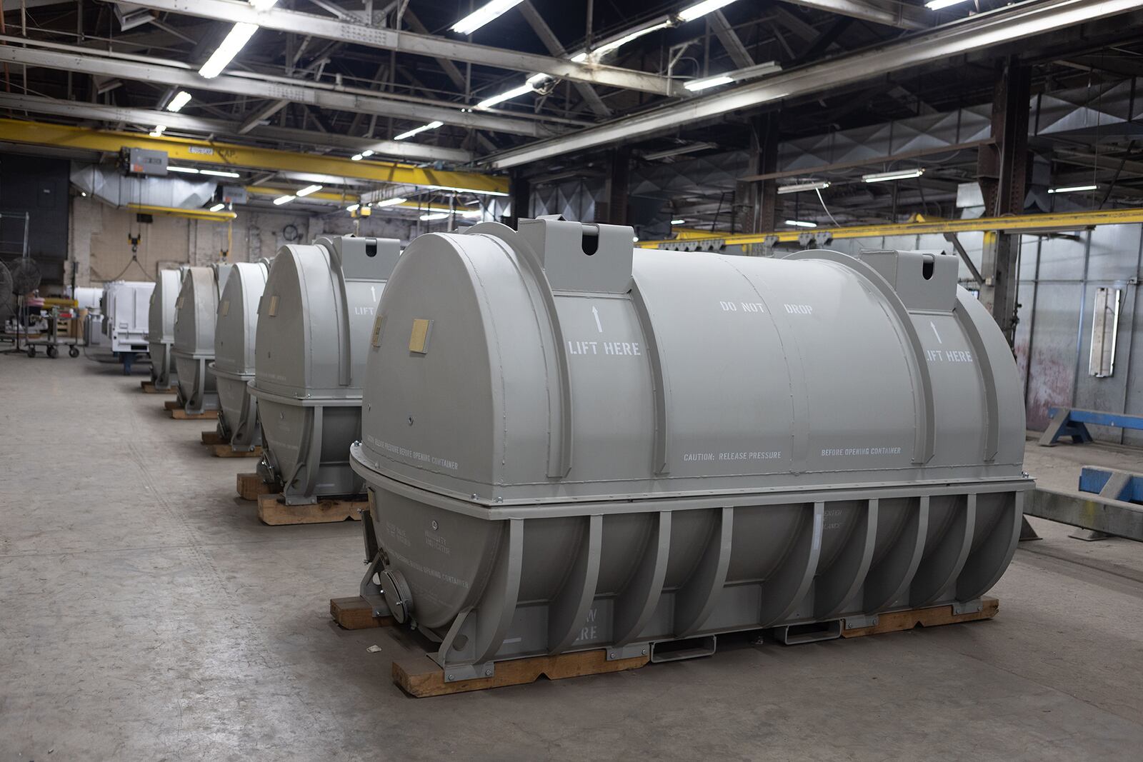 LM2500 GG containers neatly arranged at The Champion GSE warehouse in Springfield. PHOTO BY ROD HATFIELD/CONTRIBUTED