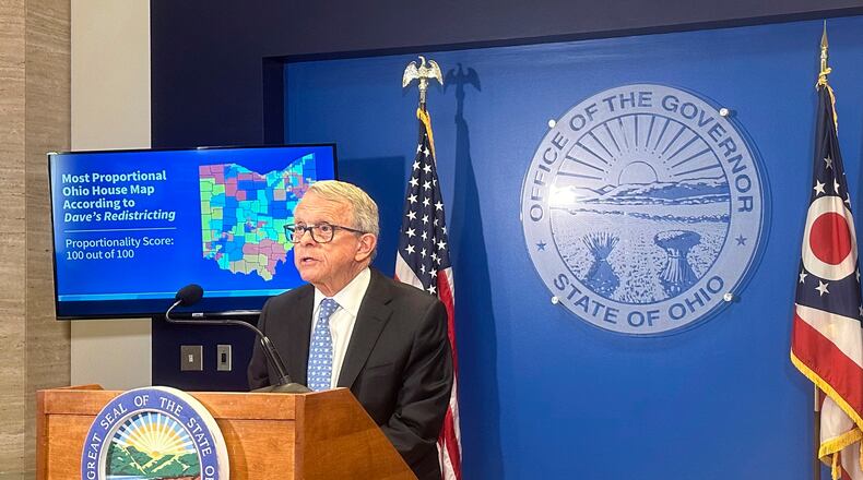 Ohio Gov. Mike DeWine speaks at a press conference in Columbus, Ohio, Wednesday, July 31, 2024, where he opposed a fall ballot measure aimed at remaking the state's troubled political mapmaking system. If it passes, DeWine said he will work with state lawmakers next year to advance a competing amendment based on the Iowa model. (AP Photo/Julie Carr Smyth)