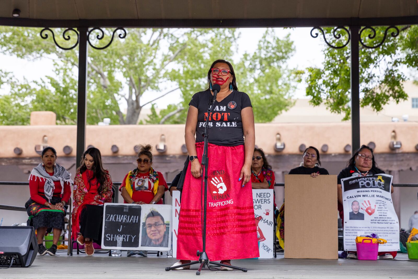Kimberly Wahpepah, a member of the Navajo Nation who survived sex trafficking and became an advocate for other victims, speaks at a rally in Santa Fe, N.M., Sunday, May 4, 2025. (Nilaya Sabnis via AP)