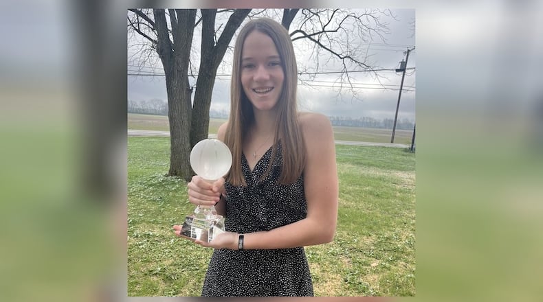 Tecumseh High School junior Sammy Russell poses with the trophy after she was named Pam Evans Smith Miss Basketball at the 2025 All-Clark County Coaches Girls Basketball banquet on Sunday, April 6 at Tecumseh High School. CONTRIBUTED PHOTO