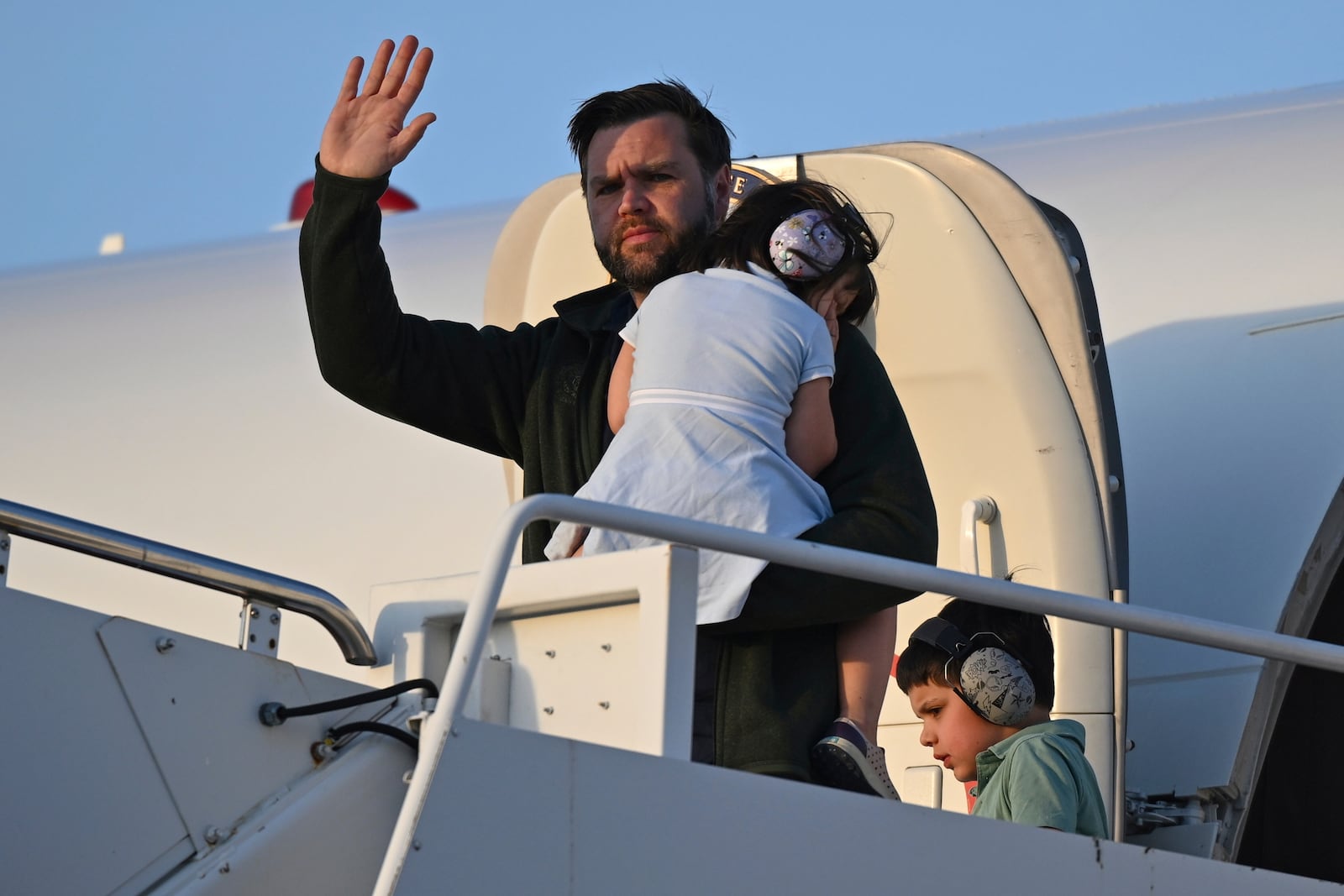 U.S. Vice President JD Vance and family arrive on Air Force Two at Joint Base Andrews, Md., Thursday, April 24, 2025. (Kenny Holston/The New York Times via AP, Pool)