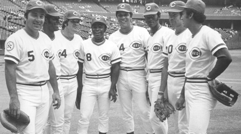 Cincinnati Reds Big Red Machine (left to right) Johnny Bench, Ken Griffey, Pete Rose, Joe Morgan, Tony Perez, George Foster, Cesar Geronimo, Dave Concepcion.  More on Rose:3 reasons he should be (or shouldn't be) reinstated   |  New documents unveiled in Pete Rose betting case |  Read the Dowd Report