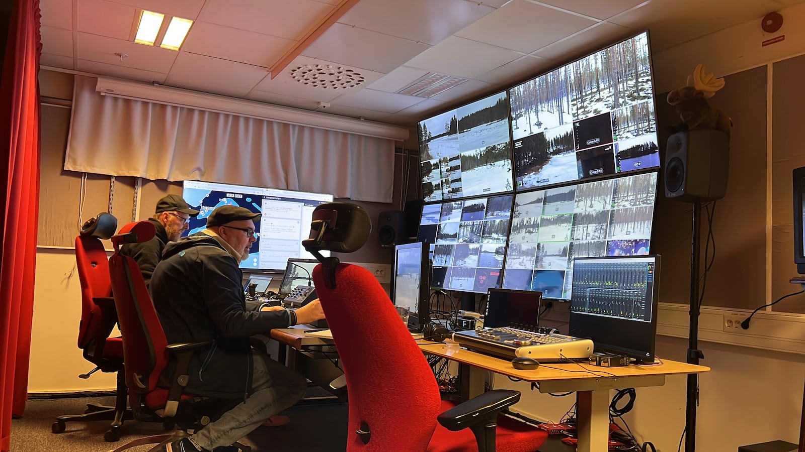This undated photo, issued by SVT, shows preparations in Junsele, Sweden for the livestream 'The Great Moose Migration' to document the annual Moose migration near Kullberg in northern Sweden. (SVT via AP)
