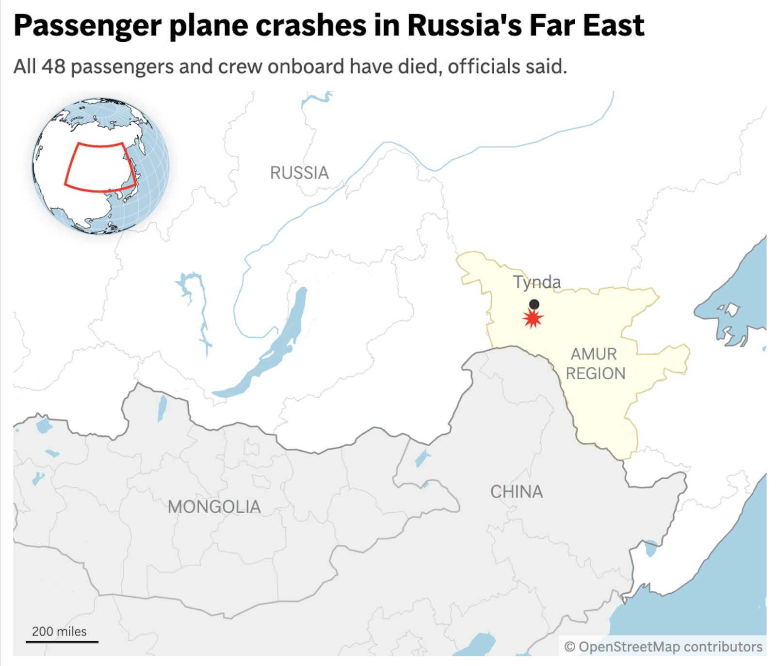 The map above shows the location of a plane crash in Russia's Far East. (AP Graphic)