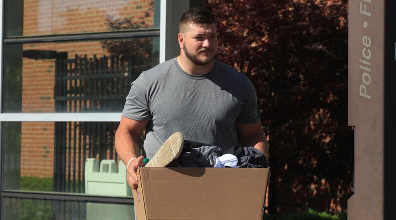 Ohio State's Josh Myers leaves the Woody Hayes Athletic Center on Monday, June 8, 2020, in Columbus.