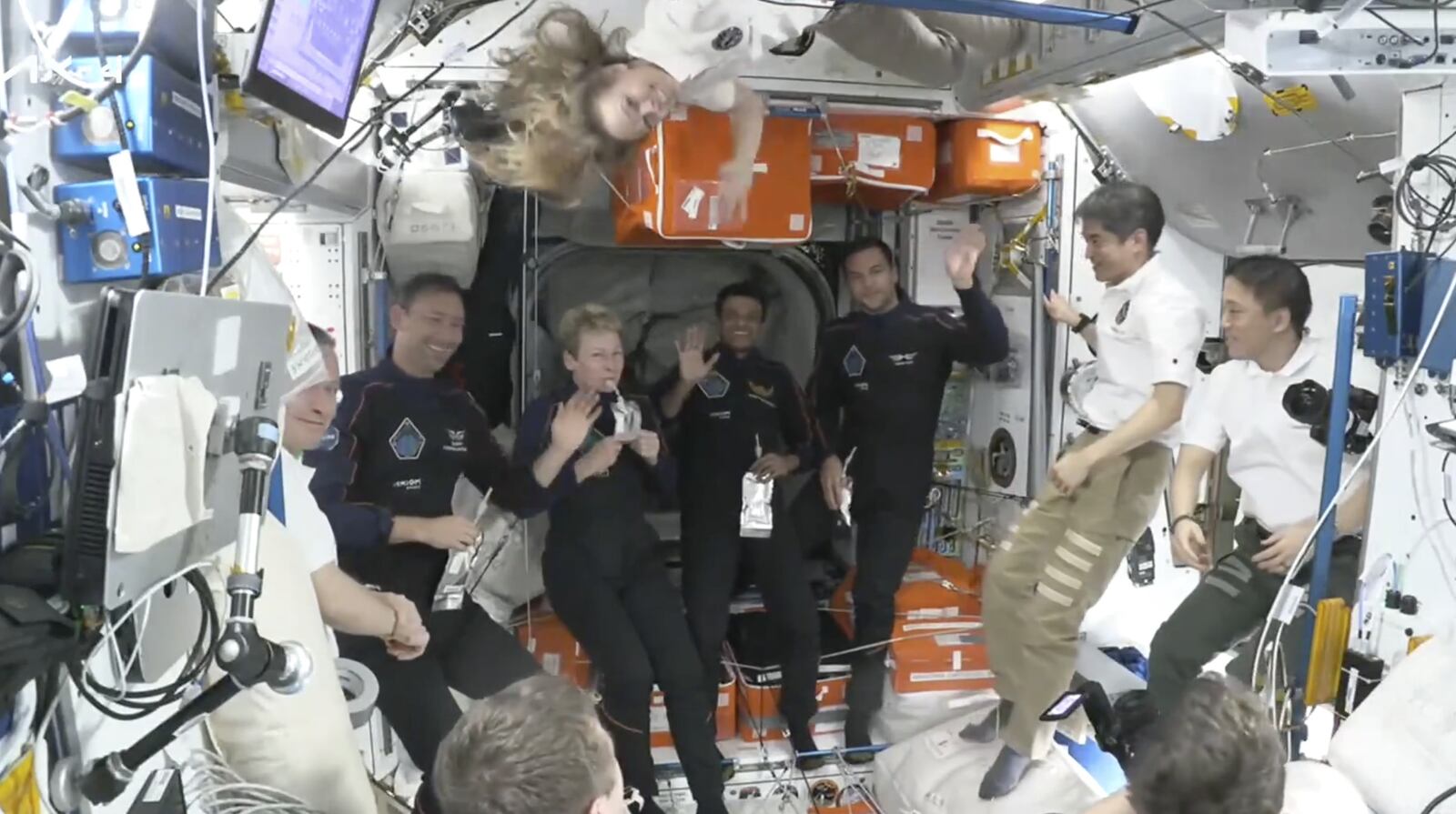 This image provided by NASA shows from second left, Poland's Slawosz Uznanski-Wisniewski, Axiom Space's Peggy Whitson, India's Shubhanshu Shukla and Hungary's Tibor Kapu aboard the International Space Station, Thursday June 26, 2025. (NASA via AP)