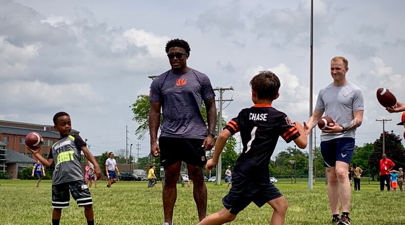 Rookies from the Cincinnati Bengals shared a meal with airmen and hosted a football camp for kids at Wright Patterson Air Force Base on Friday, June 6, 2025. LONDON BISHOP/STAFF