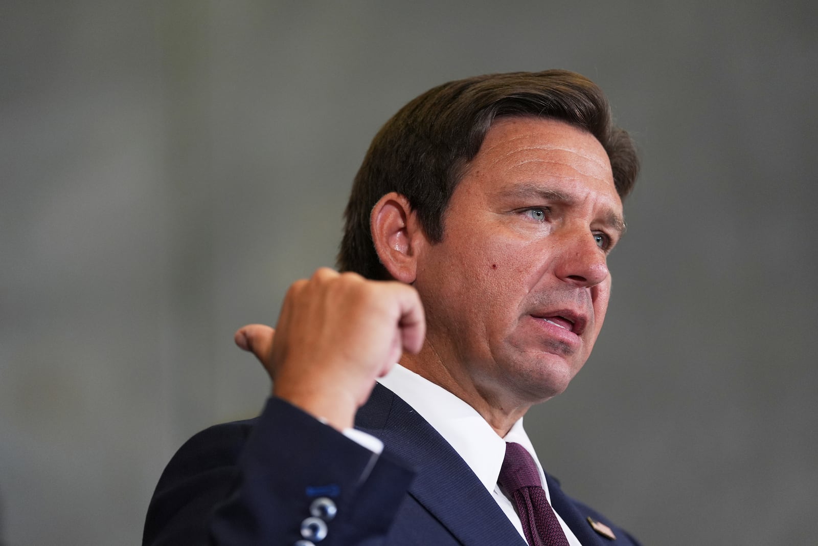 Gov. Ron DeSantis speaks during a press conference about a recent immigration enforcement operation, at the South Florida office of U.S. Immigration and Customs Enforcement and Enforcement and Removal Operations, Thursday, May 1, 2025, in Miramar, Fla. (AP Photo/Rebecca Blackwell)