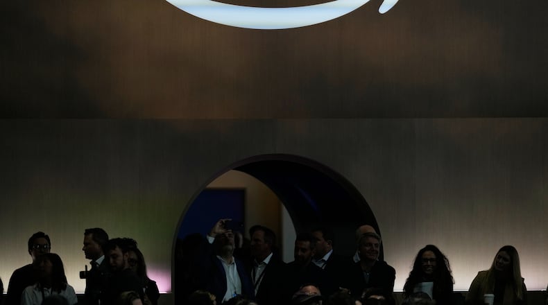 FILE - An Amazon logo is seen at an Amazon event in New York, Tuesday, Sept. 30, 2025. (AP Photo/Seth Wenig, File)