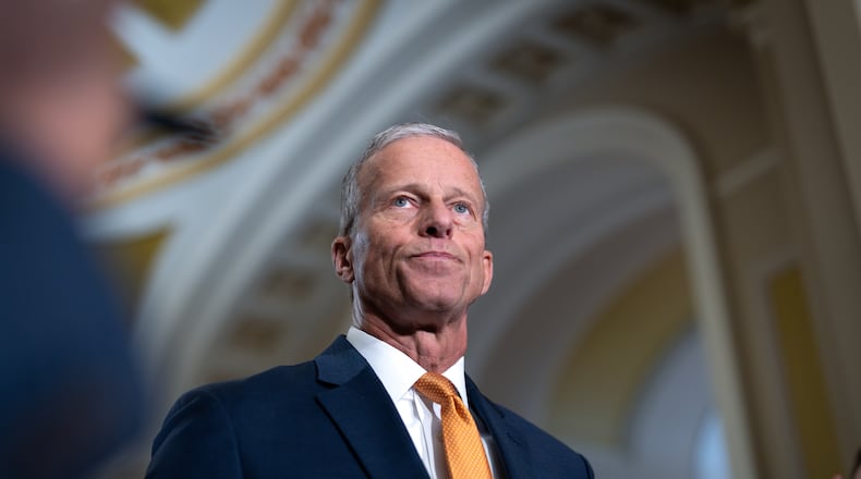Senate Majority Leader John Thune, R-S.D., speaks with reporters following a closed-door meeting of Senate Republicans on day 28 of the government shutdown, at the Capitol in Washington, Tuesday, Oct. 28, 2025. (AP Photo/J. Scott Applewhite)