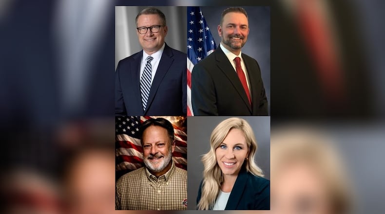 Daren Cotter (top left), Greg Kaffenbarger (top right), Mark Sanders (bottom left) and Victoria Sorg (bottom right) are running for a Clark County commission seat in the May 2026 election for an unexpired term.