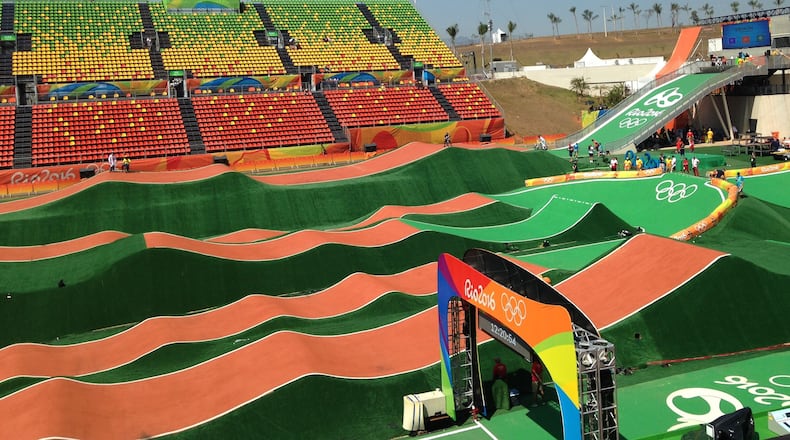 The turns at the BMX cycling track for the Summer Olympics are painted a bright green in Rio de Janeiro, Brazil, Monday, Aug. 15, 2016. It’s an unusual color for turns on a course, which are typically black or gray. The bright green is similar to a color used in the logo for the Games. (AP Photo/Genaro Armas)
