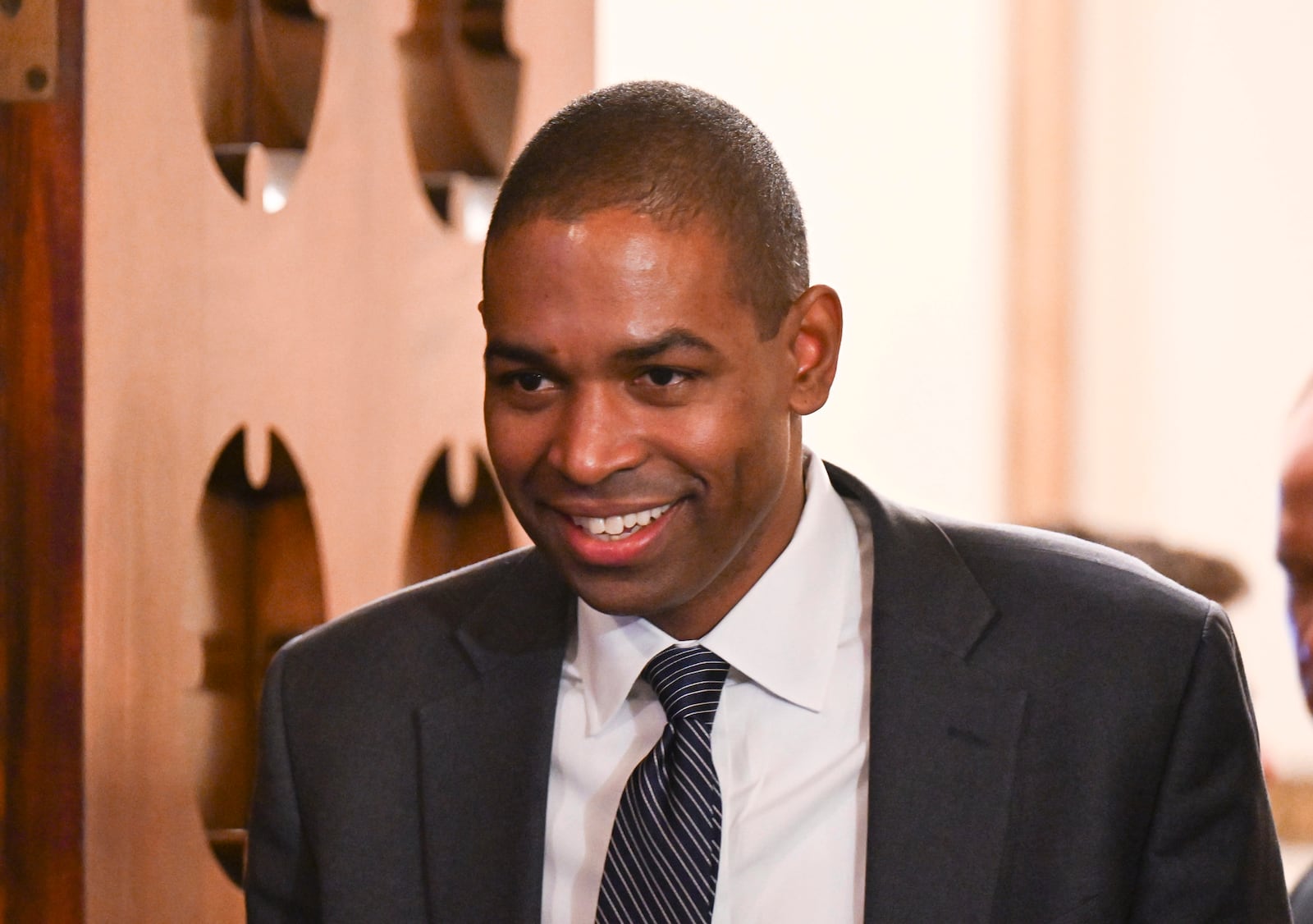 FILE - New York Lt. Gov. Antonio Delgado arrives to listen to Gov. Kathy Hochul present her 2025 executive state budget in the Red Room at the state Capitol, Jan. 16, 2024, in Albany, N.Y. (AP Photo/Hans Pennink, File)