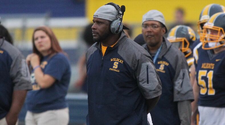 Springfield’s Maurice Douglass coaches during a game against Centerville on Friday, Sept. 15, 2017, at Evans Stadium in Springfield. David Jablonski/Staff