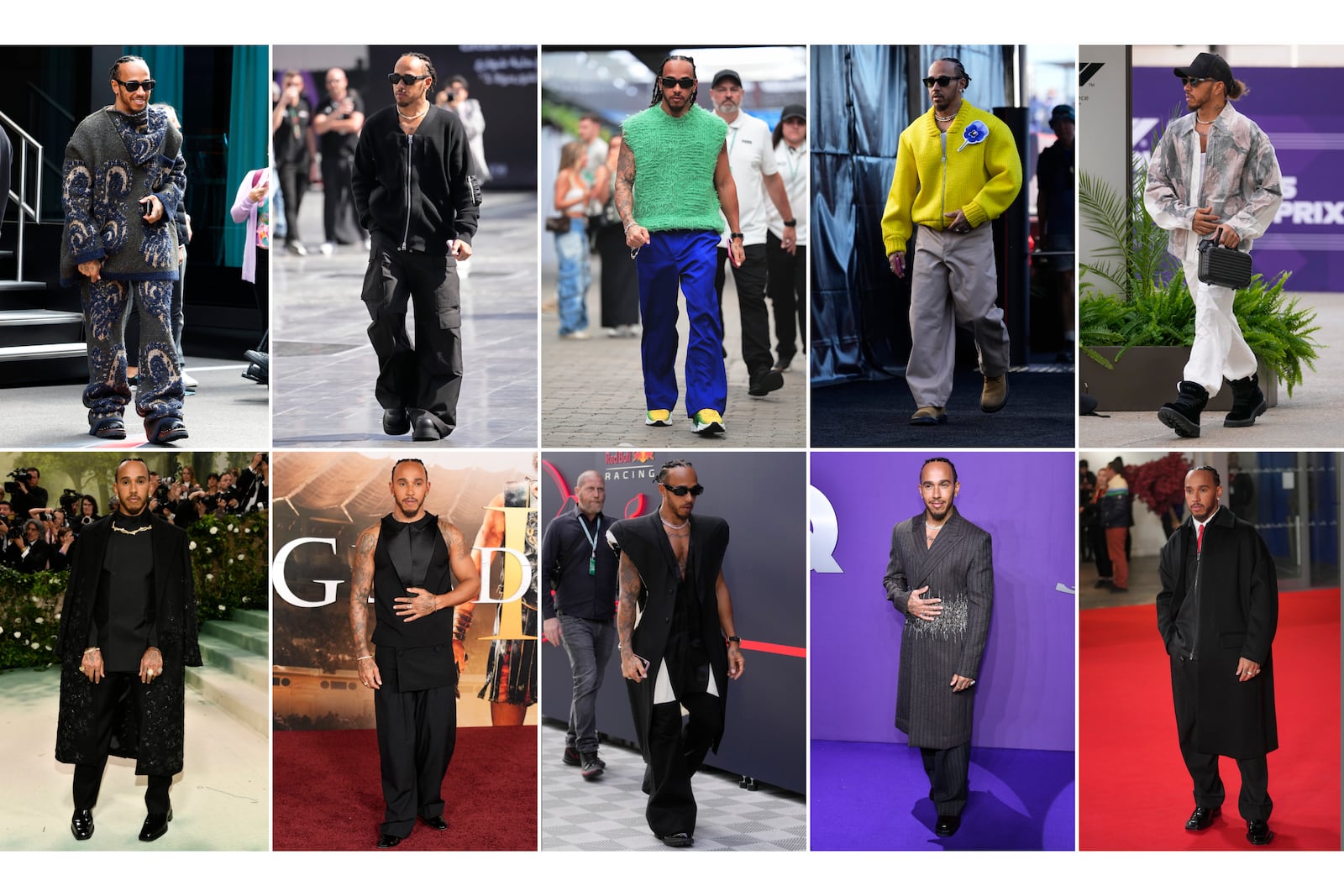 This combination photo shows various fashion worn by Formula One driver Lewis Hamilton. (AP Photo)