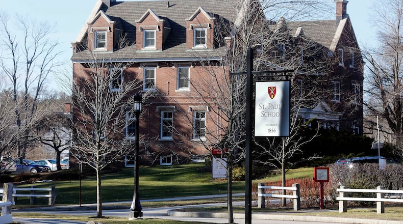 FILE - This Feb. 26, 2016 file photo, shows the entrance to St. Paul's School in Concord, N.H. (AP Photo/Jim Cole, File)