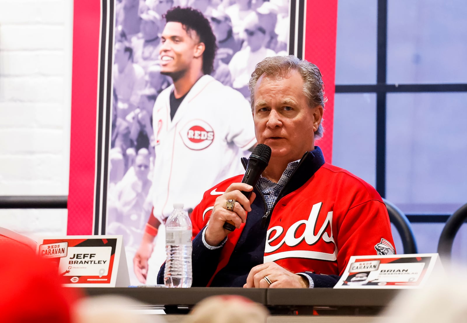 Reds broadcaster Jeff Brantley speaks to the crowd during the Reds Caravan stop at Spooky Nook Sports Champion Mill Monday, Jan. 23, 2023 in Hamilton. NICK GRAHAM/STAFF