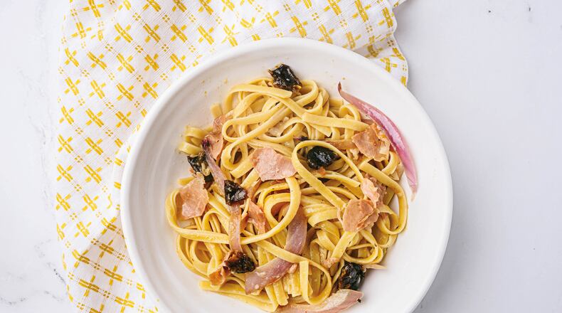 Fettuccine With Prosciutto, Prunes and Black Pepper. COURTESY OF SERENA BALL, MS, RD AND DEANNA SEGRAVE-DALY, RD