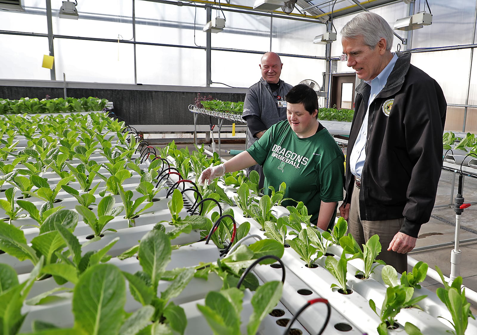 Amy Rammel, an employee of The Abilities Connection, shows Senator Rob Portman how she transplants the lettuce as it grows Wednesday as he tours to the TAC facility. BILL LACKEY/STAFF