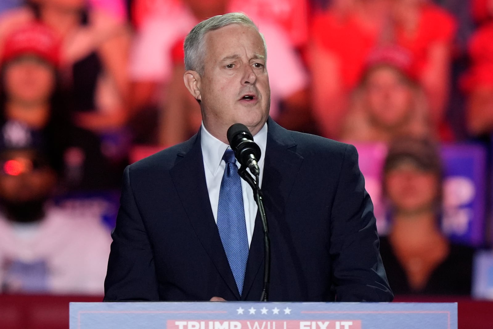 FILE - Michael Whatley, chairman of the Republican National Committee, speaks at a campaign rally, Nov. 2, 2024, in Greensboro, NC. (AP Photo/Alex Brandon, File)