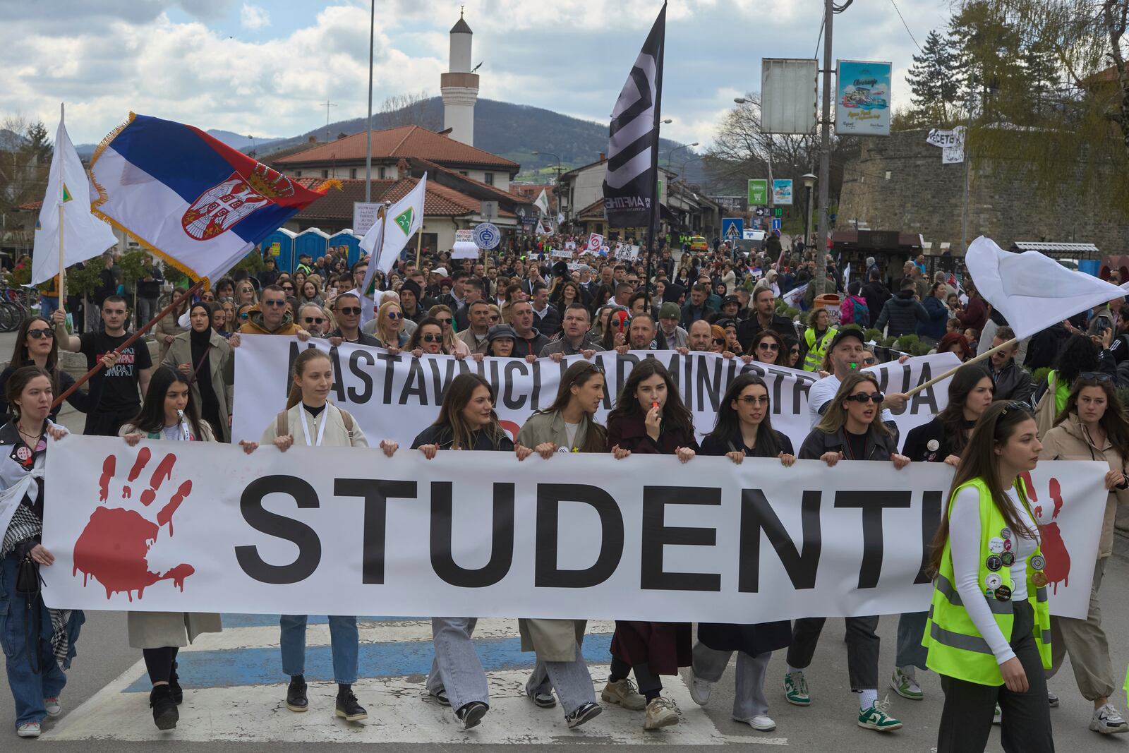 Students gather for an anti-corruption protest in Novi Pazar, Serbia, Saturday, April 12, 2025. (AP Photo/Marko Drobnjakovic)